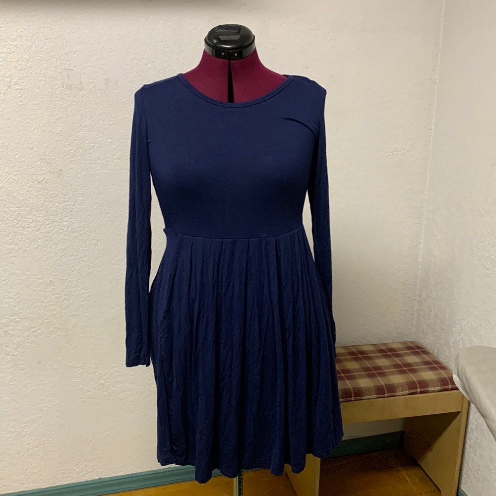 Blue Stretchy Scoop neck, Long Sleeve Mini Dress , No Brand Tags with Pockets
